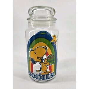 MCM Vintage Snoopy & Woodstock 8" Glass Cookie Jar Rainbow Design “GOODIES” 1965